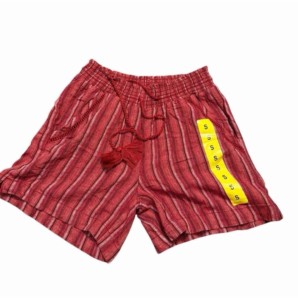 NWOT Briggs W Small Red Striped Linen Blend Boho Shorts Tassel Drawstring Beach